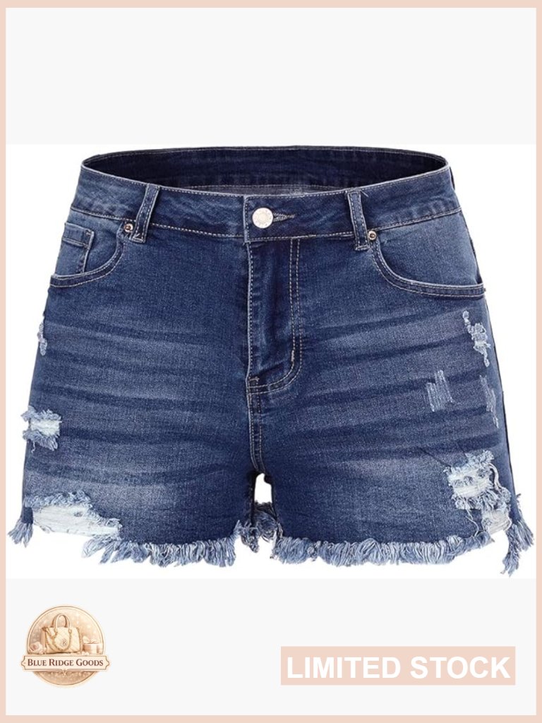 Mid Rise Ripped Stretchy Jean Shorts Frayed Raw Hem Casual Denim Shorts